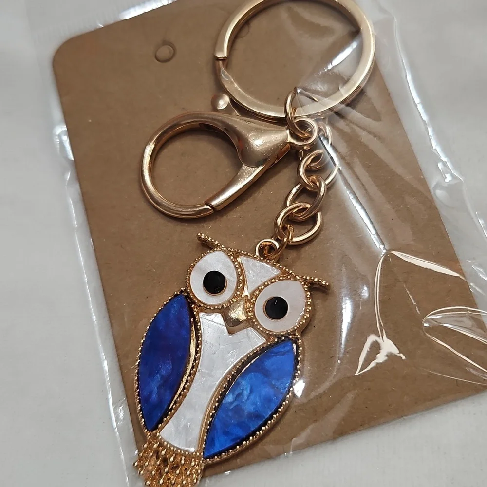 Ladies Blue and White Owl Keychain Bag Charm Purse Charm Shiny Blingy Accessory